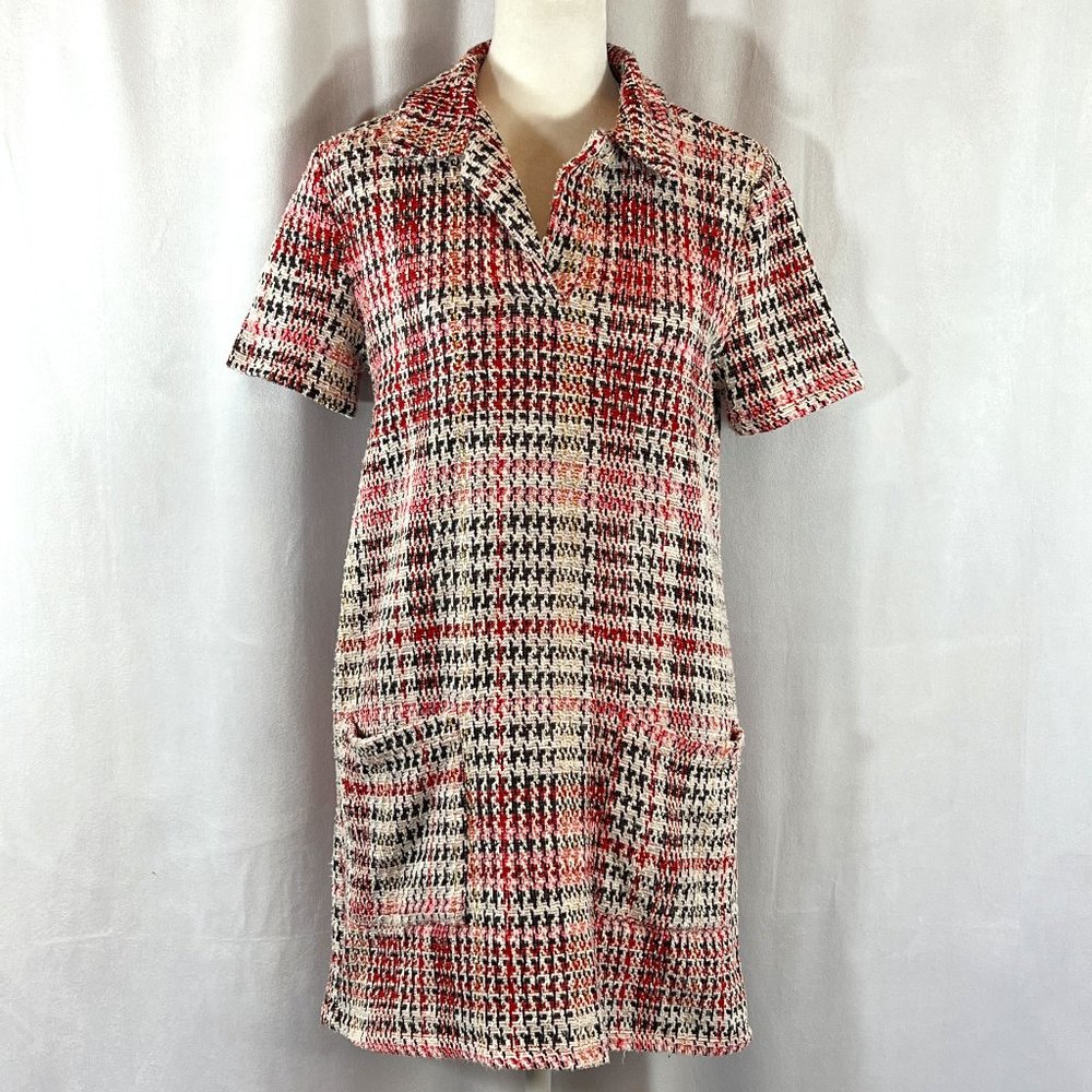 ZARA Pink White Red Black Houndstooth Print Short Sleeve Shift Dress Sz …